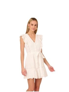 Adrianna Papell White Eyelet Tie-Waist Mini Dress